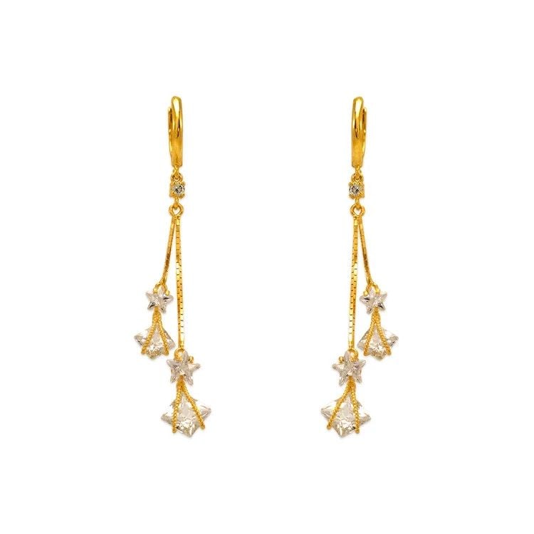 NEW 14K YELLOW GOLD FANCY STONE DANGLING EARRINGS: NEW 14K YELLOW GOLD FANCY STONE DANGLING EARRINGS FANCY STONE DANGLING EARRINGS NEW 14K YELLOW GOLD Width: Approx. 12x52mm Apx WEIGHT: 3.3g