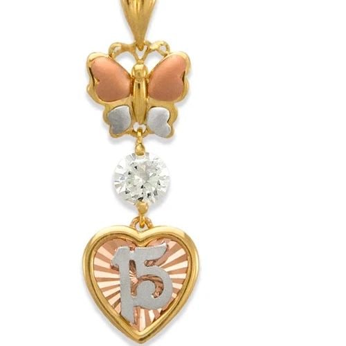 NEW 14K TRICOLOR GOLD FANCY 15 ANOS BUTTERFLY PENDANT: NEW 14K TRICOLOR GOLD FANCY 15 ANOS BUTTERFLY PENDANT FANCY 15 ANOS BUTTERFLY PENDANT NEW 14K TRICOLOR GOLD Apx. WIDTH: 12x37mm Apx WEIGHT: 3.3g