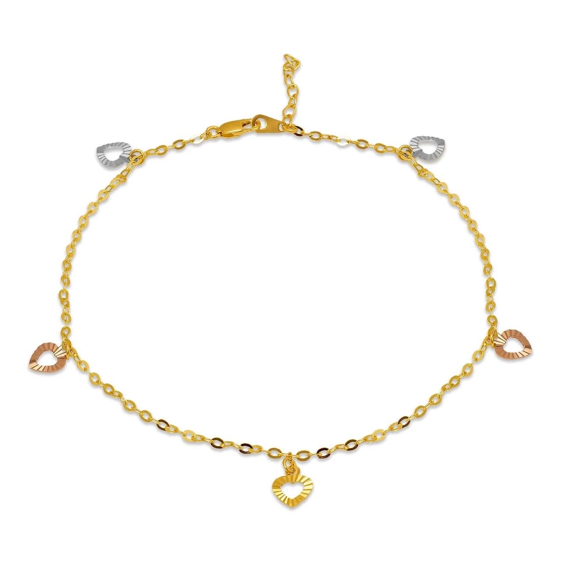 NEW 14K TRI COLOR GOLD HEART CHARM ANKLET: NEW 14K TRI COLOR GOLD HEART CHARM ANKLET 14K Tri color Gold Approx. 2.0mm Bracelet, 10mm Charms 10" Long High Polished Lobster Lock Weight: 2.2 Grams