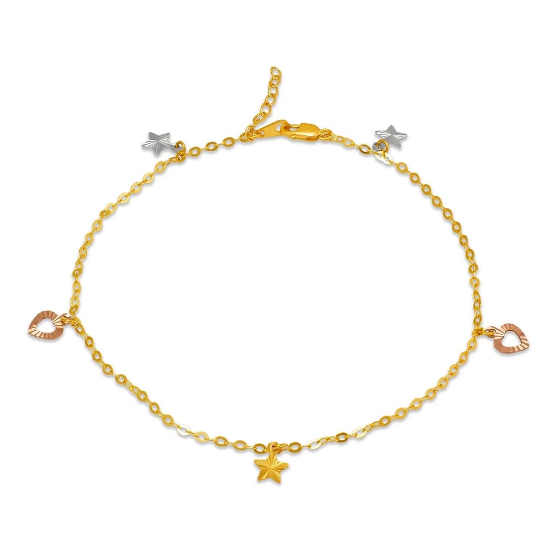 NEW 14K TRI COLOR GOLD HEART /STAR CHARM ANKLET: NEW 14K TRI COLOR GOLD HEART /STAR CHARM ANKLET 14K Tricolor Gold Approx. 2.0mm Bracelet, 10mm Charms 10" Long High Polished Lobster Lock Weight: 2.2 Grams