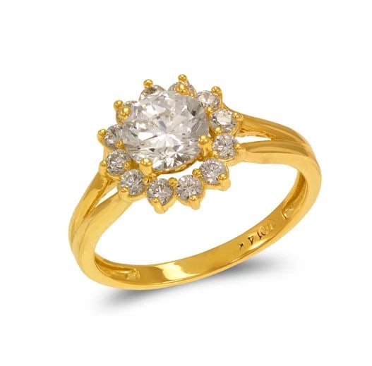 NEW 14K YELLOW GOLD LADIES FANCY SOLITAIRE FLOWER HALO RING: NEW 14K YELLOW GOLD LADIES FANCY SOLITAIRE FLOWER HALO RING LADIES FANCY SOLITAIRE FLOWER HALO RING NEW 14K YELLOW GOLD Apx. SIZE: 6mm Apx. WEIGHT: 3.1g