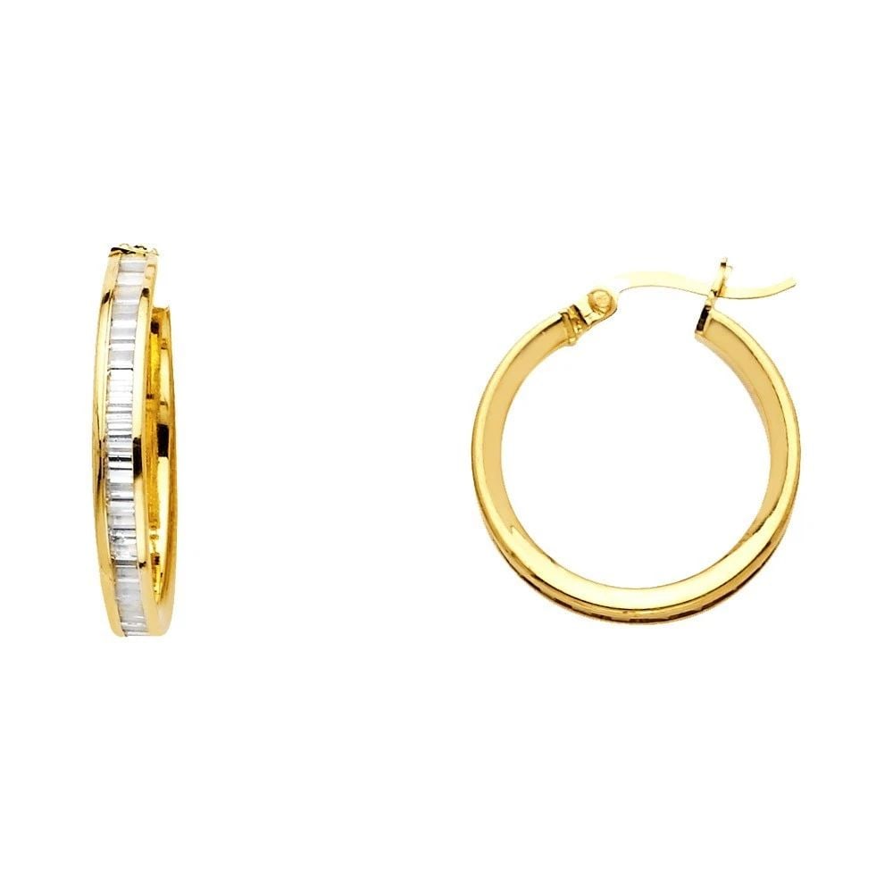 NEW 14K YELLOW GOLD BAGUETTES CHANNEL HOOP EARRINGS: NEW 14K YELLOW GOLD BAGUETTES CHANNEL HOOP EARRINGS BAGUETTES CHANNEL HOOP EARRINGS NEW 14K YELLOW GOLD C Z HEIGHT - 15 mm WIDTH - 15 mm Apx WEIGHT - 2.3 g