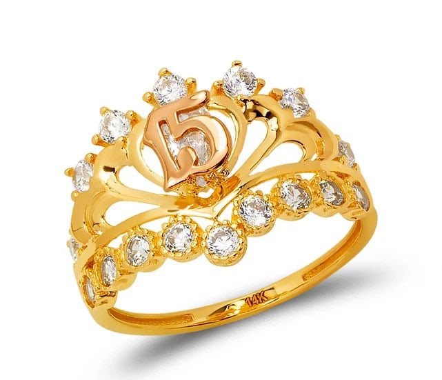 NEW 14K TWO TONE GOLD LADIES 15 ANOS TIARA RING: NEW 14K TWO TONE GOLD LADIES 15 ANOS TIARA RING LADIES 15 ANOS TIARA RING NEW 14K TWO TONE GOLD Apx. WIDTH: 14mm Apx. WEIGHT: 3.0g