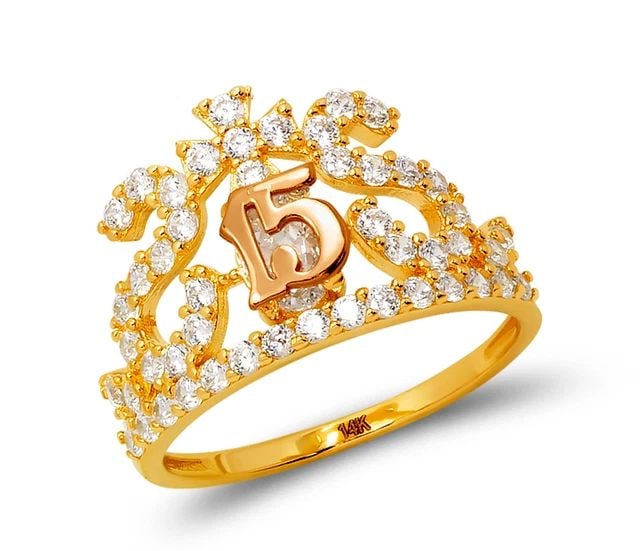 NEW 14K TWO TONE GOLD LADIES 15 ANOS TIARA RING: NEW 14K TWO TONE GOLD LADIES 15 ANOS TIARA RING LADIES 15 ANOS TIARA RING NEW 14K TWO TONE GOLD Apx. WIDTH: 13mm Apx. WEIGHT: 3.0g