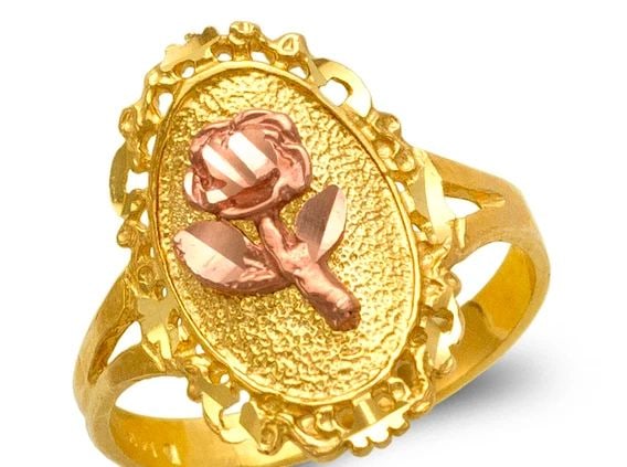 NEW 14K TWO TONE GOLD LADIES ROSE FILIGREE RING: NEW 14K TWO TONE GOLD LADIES ROSE FILIGREE RING LADIES ROSE FILIGREE RING NEW 14K TWO TONE GOLD Apx. WIDTH: 18mm Apx. WEIGHT: 3.0g
