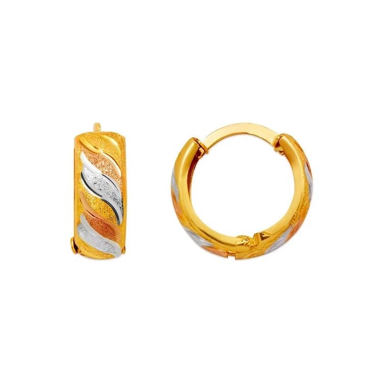 NEW 14K TRICOLOR GOLD D/C HUGGIE EARRINGS: NEW 14K TRICOLOR GOLD D/C HUGGIE EARRINGS D/C HUGGIE EARRINGS NEW 14K TRICOLOR GOLD Width: Approx. 6x17mm Apx WEIGHT: 3g
