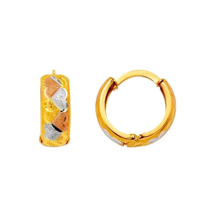 NEW 14K TRICOLOR GOLD D/C HUGGIE EARRINGS: NEW 14K TRICOLOR GOLD D/C HUGGIE EARRINGS D/C HUGGIE EARRINGS NEW 14K TRICOLOR GOLD Width: Approx. 6x17mm Apx WEIGHT: 3g
