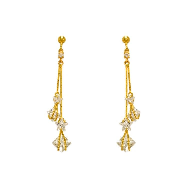 NEW 14K YELLOW GOLD FANCY STONE DANGLING EARRINGS: NEW 14K YELLOW GOLD FANCY STONE DANGLING EARRINGS FANCY STONE DANGLING EARRINGS NEW 14K YELLOW GOLD Width: Approx. 7x50mm Apx WEIGHT: 3g