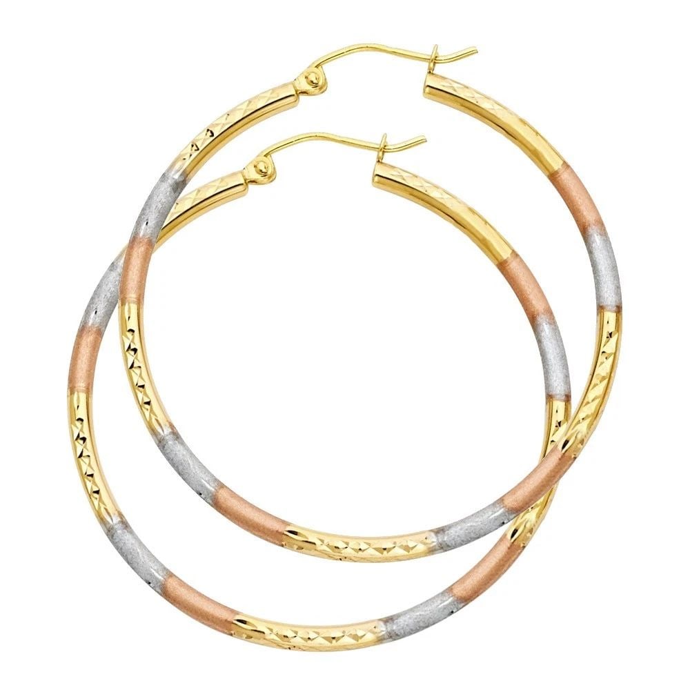 NEW 14K TRI COLOR GOLD 2MM ROUND TUBE DC ROUND HOOP EARRINGS (40MM): NEW 14K TRI COLOR GOLD 2MM ROUND TUBE DC ROUND HOOP EARRINGS (40MM) 2MM ROUND TUBE DC ROUND HOOP EARRINGS (40MM) NEW 14K TRI COLOR GOLD HEIGHT - 40 mm WIDTH - 40 mm Apx WEIGHT - 2.2 g