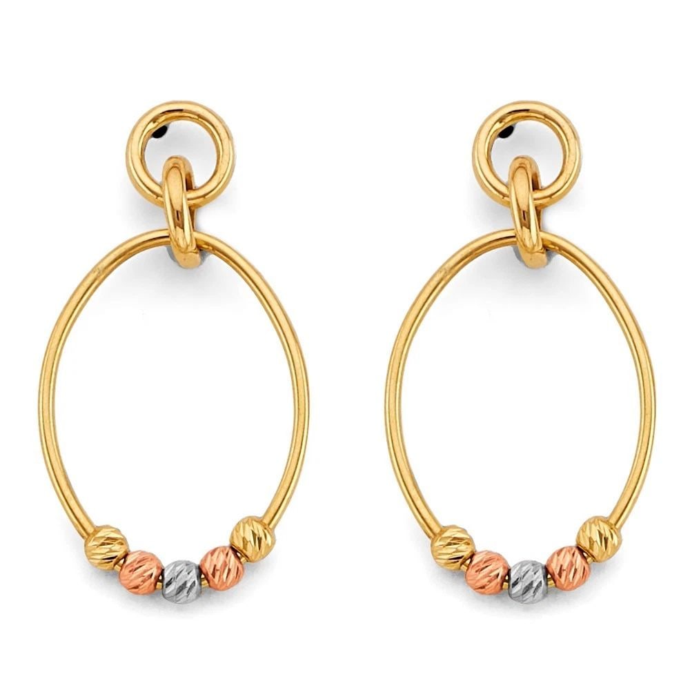 NEW 14K TRI COLOR GOLD HANGING OVAL TUBE WITH BEAD EARRINGS: NEW 14K TRI COLOR GOLD HANGING OVAL TUBE WITH BEAD EARRINGS HANGING OVAL TUBE WITH BEAD EARRINGS NEW 14K TRI COLOR GOLD HEIGHT - 30 mm WIDTH - 18 mm Apx WEIGHT - 2.2 g