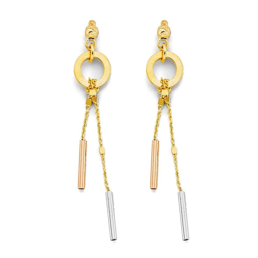NEW 14K TRI COLOR GOLD HANGING BAR EARRINGS: NEW 14K TRI COLOR GOLD HANGING BAR EARRINGS HANGING BAR EARRINGS NEW 14K TRI COLOR GOLD HEIGHT - 45 mm WIDTH - 7 mm Apx WEIGHT - 2.2 g