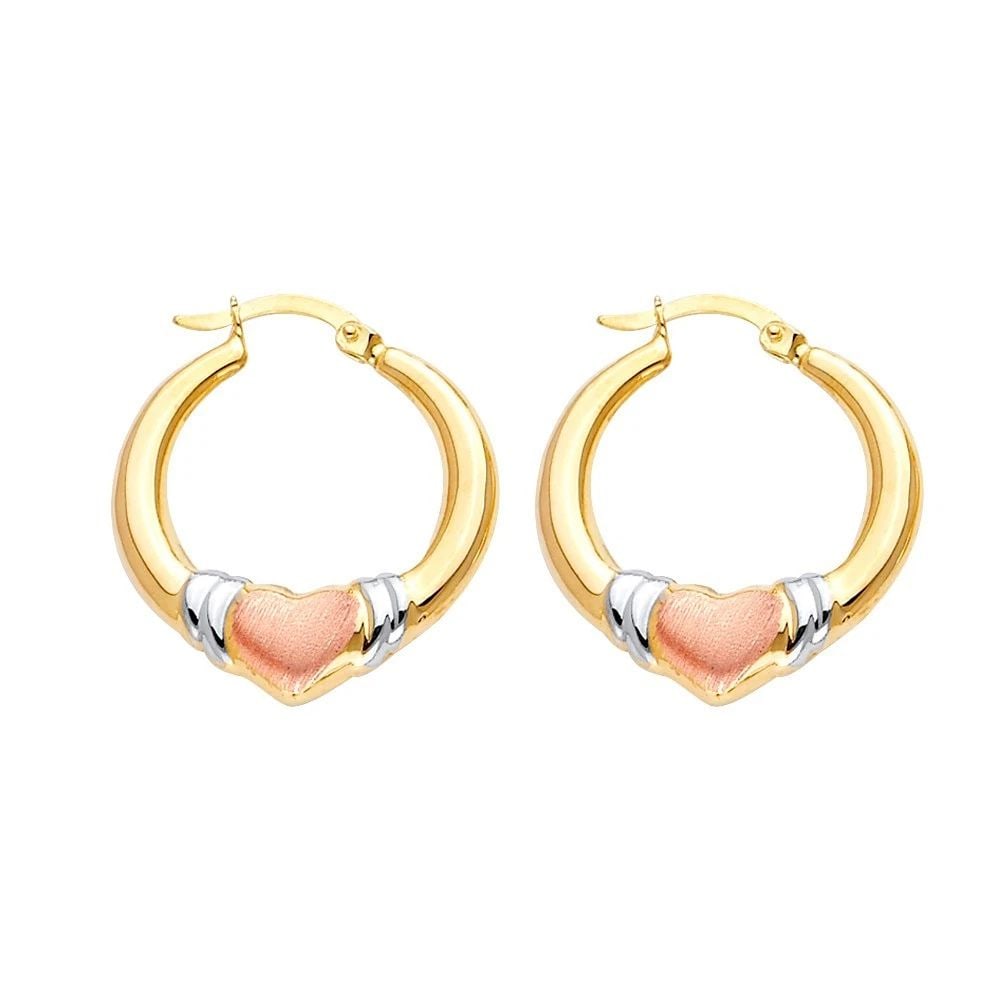 NEW 14K TRI COLOR GOLD DOUBLE FACE HEART DESIGN HOLLOW EARRINGS: NEW 14K TRI COLOR GOLD DOUBLE FACE HEART DESIGN HOLLOW EARRINGS DOUBLE FACE HEART DESIGN HOLLOW EARRINGS NEW 14K TRI COLOR GOLD HEIGHT - 25 mm WIDTH - 25 mm Apx WEIGHT - 2.2 g