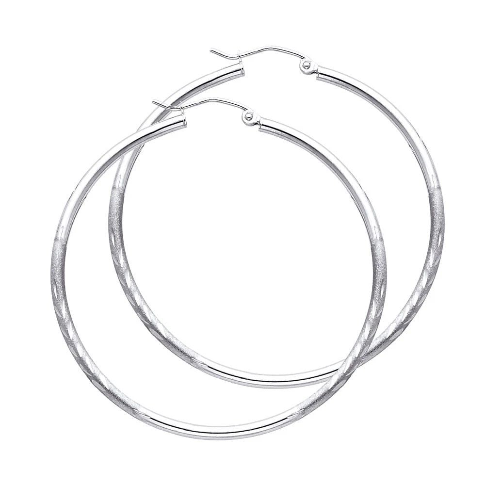 NEW 14K WHITE GOLD 2MM BUDDED DC ROUND TUBE HOOP EARRINGS (45MM): NEW 14K WHITE GOLD 2MM BUDDED DC ROUND TUBE HOOP EARRINGS (45MM) 2MM BUDDED DC ROUND TUBE HOOP EARRINGS (45MM) NEW 14K WHITE GOLD Height : 40 mm Width : 40 mm Weight : 2.2g