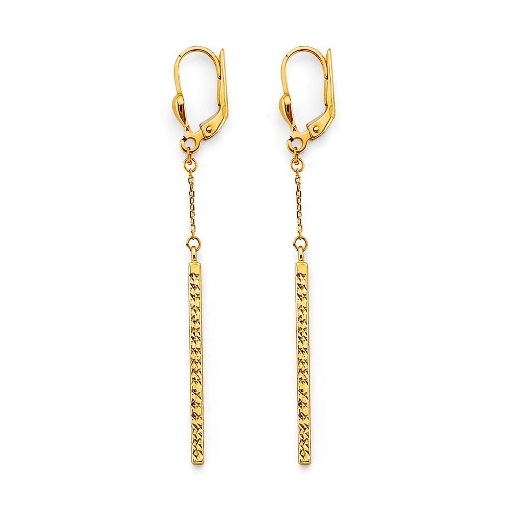 NEW 14K YELLOW GOLD HANGING DC BAR EARRINGS: NEW 14K YELLOW GOLD HANGING DC BAR EARRINGS HANGING DC BAR EARRINGS NEW 14K YELLOW GOLD HEIGHT - 65 mm WIDTH - 2 mm Apx WEIGHT - 2.2 g