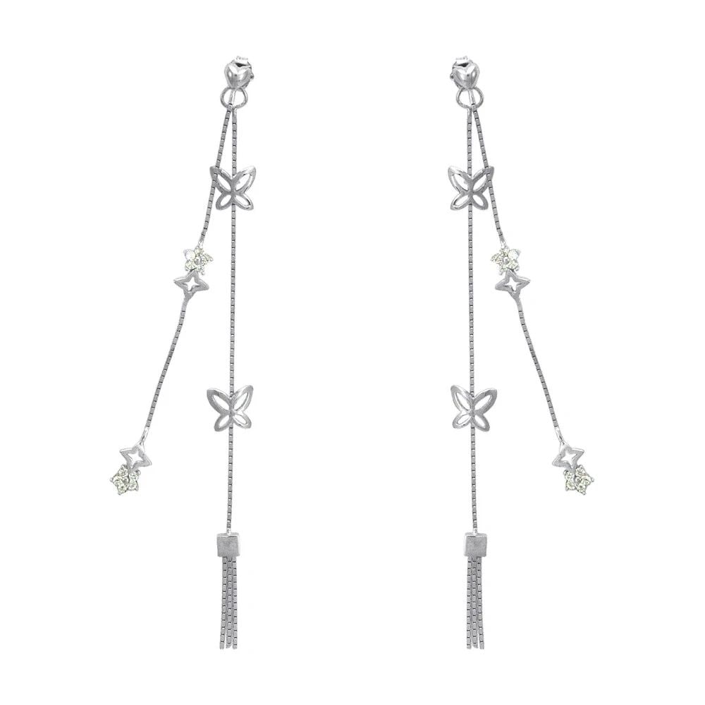 NEW 14K WHITE GOLD 2PC LAYERED BUTTERFLY TASSLE DANGLING EARRINGS: NEW 14K WHITE GOLD 2PC LAYERED BUTTERFLY TASSLE DANGLING EARRINGS 2PC LAYERED BUTTERFLY TASSLE DANGLING EARRINGS NEW 14K WHITE GOLD Width: Approx. 6x80mm Apx WEIGHT: 2.9g