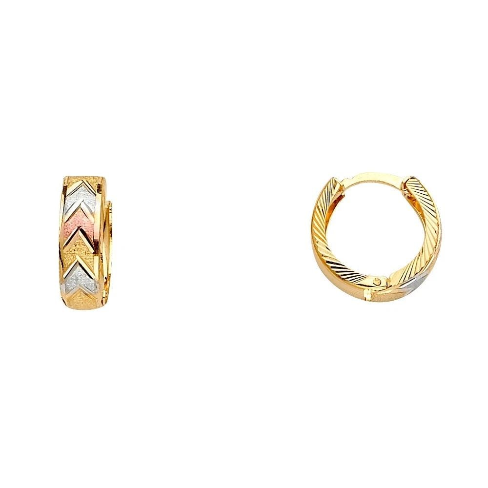 NEW 14K TRI COLOR GOLD HUGGIES EARRINGS: NEW 14K TRI COLOR GOLD HUGGIES EARRINGS HUGGIES EARRINGS NEW 14K TRI COLOR GOLD HEIGHT - 15 mm WIDTH - 15 mm Apx WEIGHT - 2.2 g