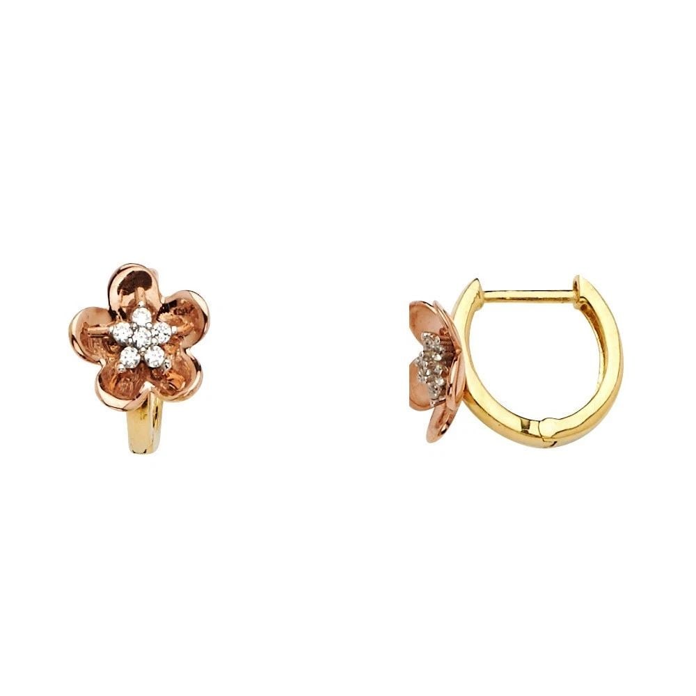 NEW 14K TWO TONE GOLD FLOWER HUGGIES EARRINGS (1 of 2)