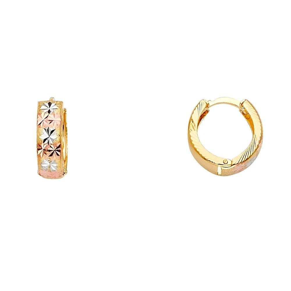 NEW 14K TRI COLOR GOLD HUGGIES EARRINGS: NEW 14K TRI COLOR GOLD HUGGIES EARRINGS HUGGIES EARRINGS NEW 14K TRI COLOR GOLD HEIGHT - 15 mm WIDTH - 15 mm Apx WEIGHT - 2.1 g