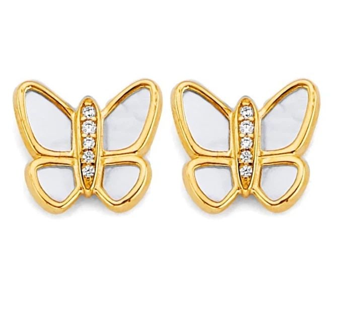 NEW 14K YELLOW GOLD MOTHER OF PEARL BUTTERFLY EARRINGS: NEW 14K YELLOW GOLD MOTHER OF PEARL BUTTERFLY EARRINGS MOTHER OF PEARL BUTTERFLY EARRINGS NEW 14K YELLOW GOLD HEIGHT - 10 mm WIDTH - 12 mm Apx WEIGHT - 2.1 g