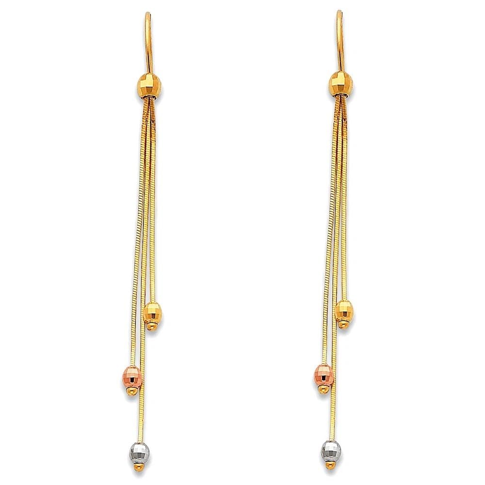 NEW 14K TRI COLOR GOLD HANGING EARRINGS: NEW 14K TRI COLOR GOLD HANGING EARRINGS HANGING EARRINGS NEW 14K TRI COLOR GOLD HEIGHT - 65 mm WIDTH - 5 mm Apx WEIGHT - 2.1 g