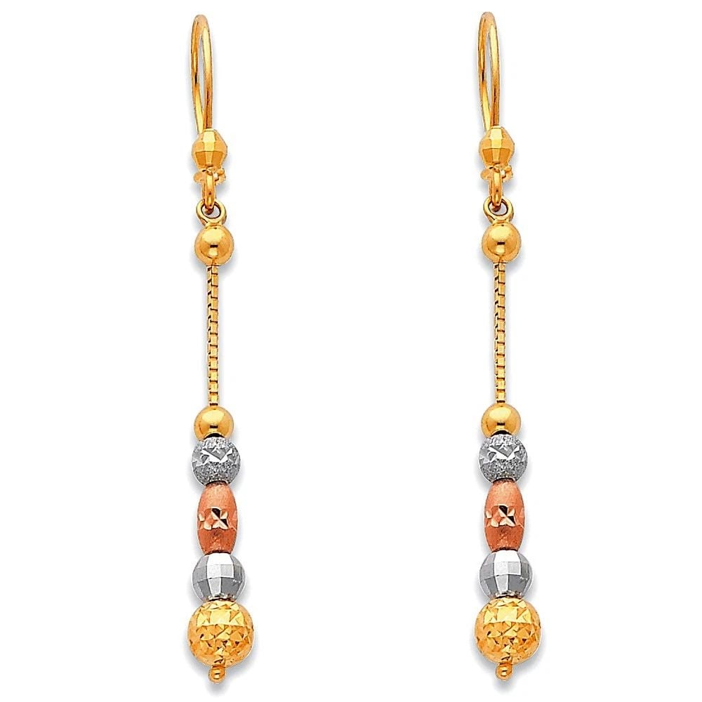 NEW 14K TRI COLOR GOLD HANGING EARRINGS: NEW 14K TRI COLOR GOLD HANGING EARRINGS HANGING EARRINGS NEW 14K TRI COLOR GOLD HEIGHT - 50 mm WIDTH - 5 mm Apx WEIGHT - 2.1 g