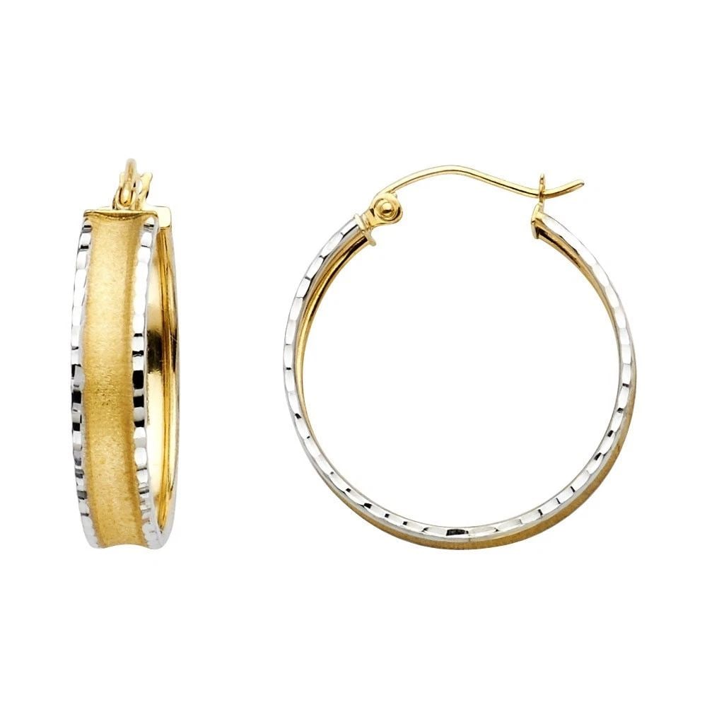 NEW 14K TWO TONE GOLD FANCY HOOP EARRINGS: NEW 14K TWO TONE GOLD FANCY HOOP EARRINGS FANCY HOOP EARRINGS NEW 14K TWO TONE GOLD Height : 23 mm Width : 23 mm Weight : 2.1g