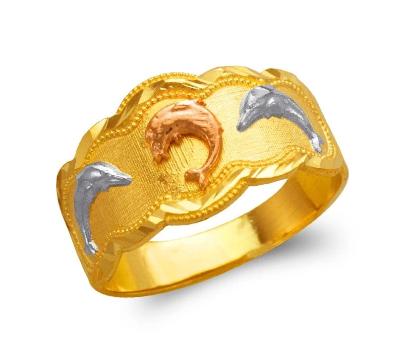 NEW 14K TRICOLOR GOLD LADIES DOLPHIN FILIGREE RING (1 of 2)