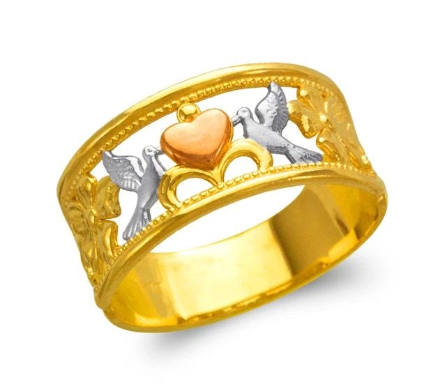 NEW 14K TRICOLOR GOLD LADIES HEART AND DOVES FILIGREE RING (1 of 2)