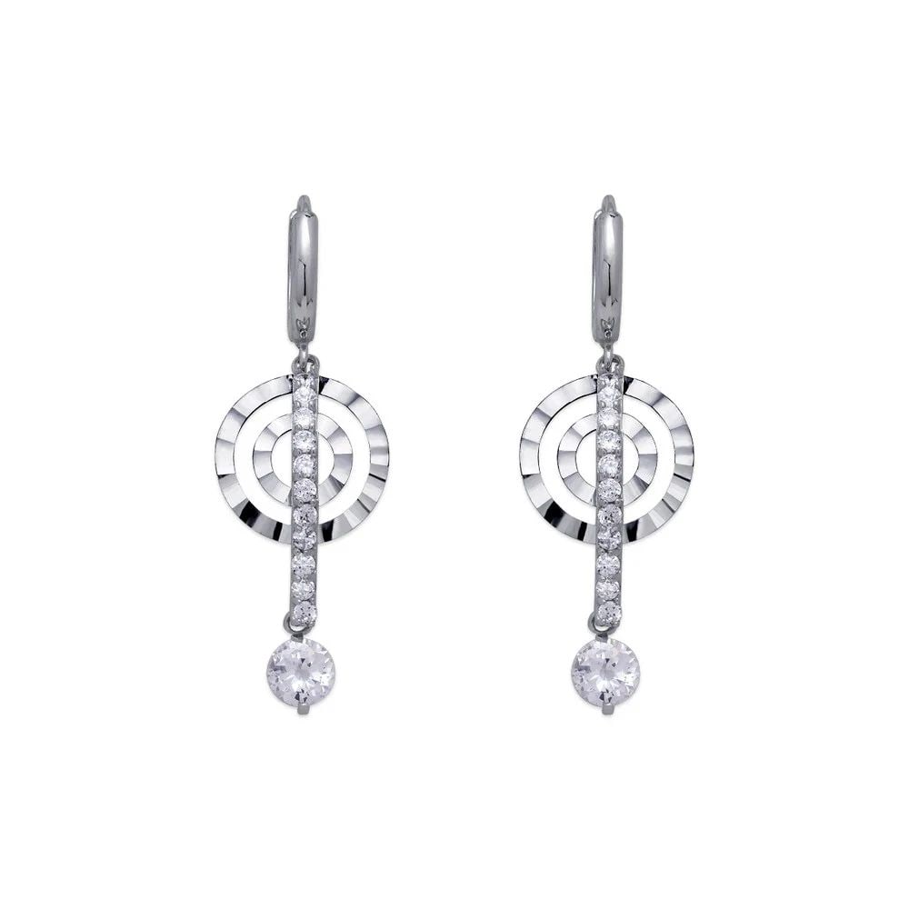 NEW 14K WHITE GOLD FANCY DOUBLE CIRCLE DANGLING EARRINGS: NEW 14K WHITE GOLD FANCY DOUBLE CIRCLE DANGLING EARRINGS FANCY DOUBLE CIRCLE DANGLING EARRINGS NEW 14K WHITE GOLD Width: Approx. 13x36mm Apx WEIGHT: 2.8g