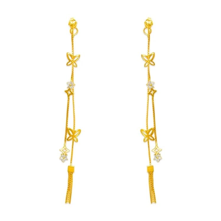 NEW 14K YELLOW GOLD FANCY DOUBLE BUTTERFLY DANGLING EARRINGS: NEW 14K YELLOW GOLD FANCY DOUBLE BUTTERFLY DANGLING EARRINGS FANCY DOUBLE BUTTERFLY DANGLING EARRINGS NEW 14K YELLOW GOLD Width: Approx. 8x61mm Apx WEIGHT: 2.8g