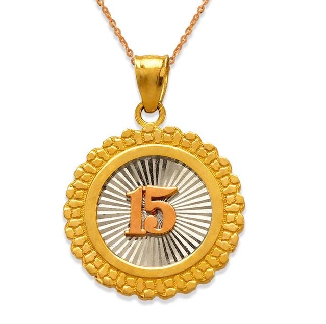 NEW 14K TRICOLOR GOLD 15 ANOS PENDANT: NEW 14K TRICOLOR GOLD 15 ANOS PENDANT 15 ANOS PENDANT NEW 14K TRICOLOR GOLD Apx. WIDTH: 21mm Apx WEIGHT: 2.8g