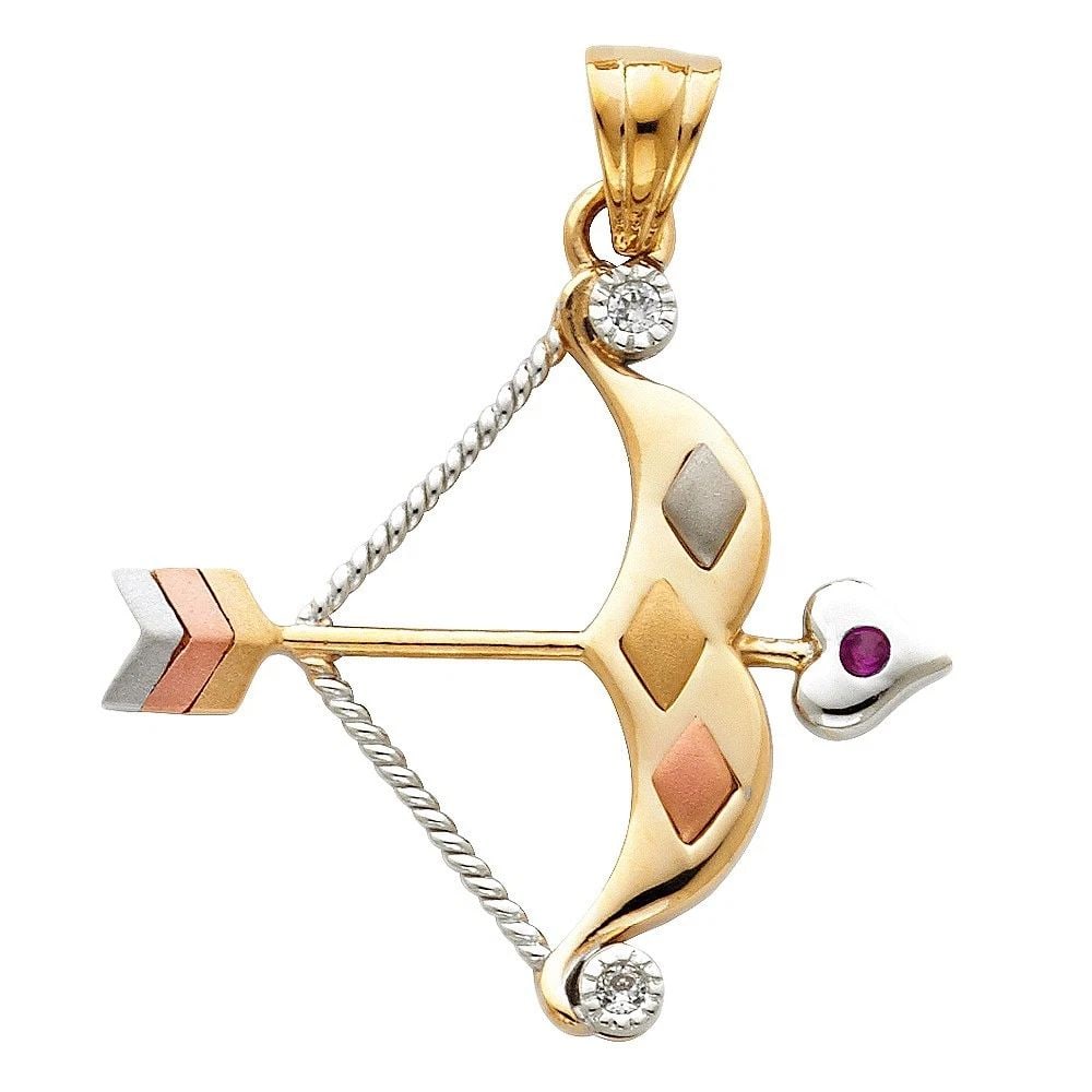NEW 14K TRI COLOR GOLD BOW & AROW PENDANT: NEW 14K TRI COLOR GOLD BOW & AROW PENDANT BOW & AROW PENDANT NEW 14K TRI COLOR GOLD Height : 27 mm Width : 29 mm Apx. WEIGHT : 2.7g