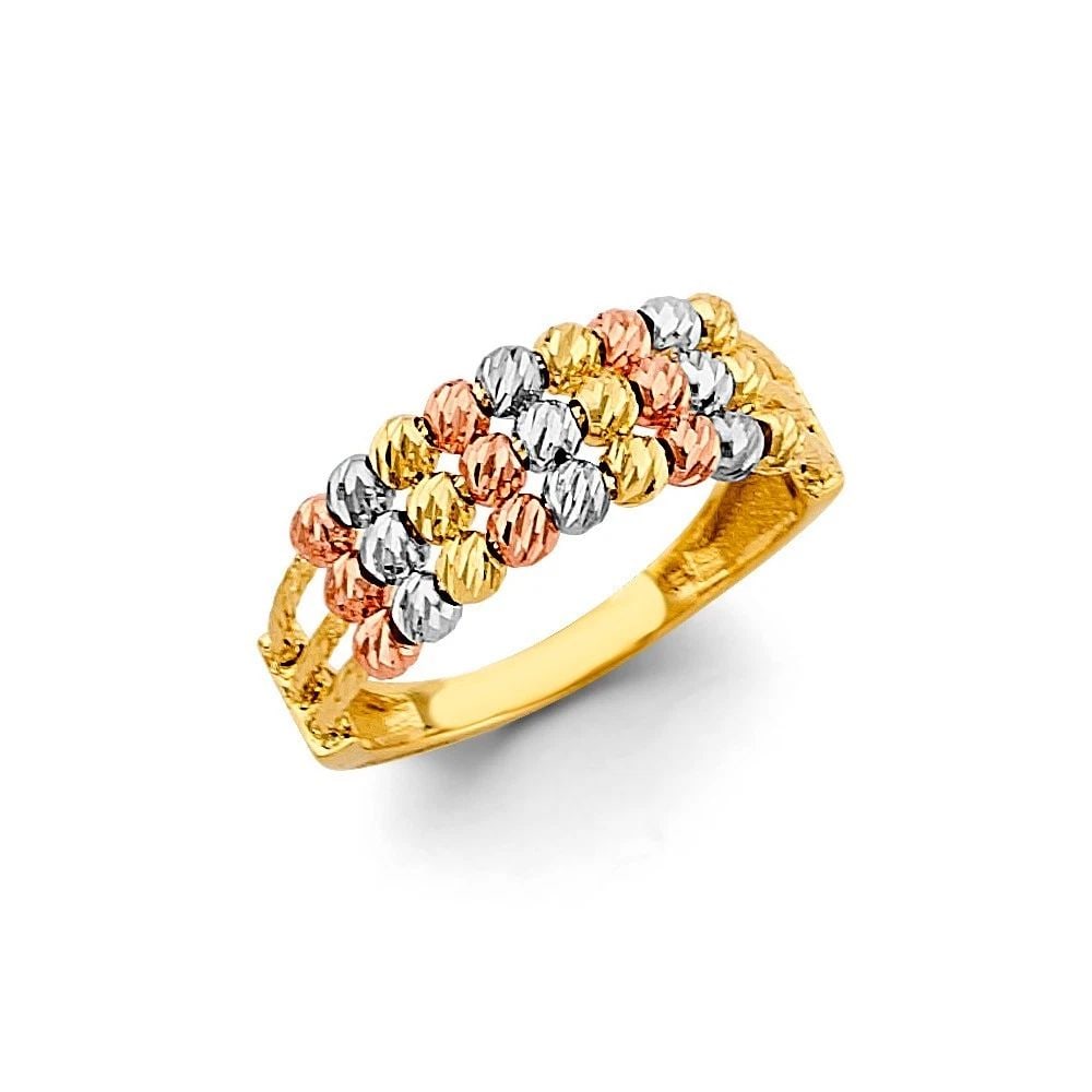 NEW 14K TRI COLOR GOLD FANCY BALL RING - SIZE 7: NEW 14K TRI COLOR GOLD FANCY BALL RING FANCY BALL RING NEW 14K TRI COLOR GOLD WIDTH : WEIGHT : 2.8g