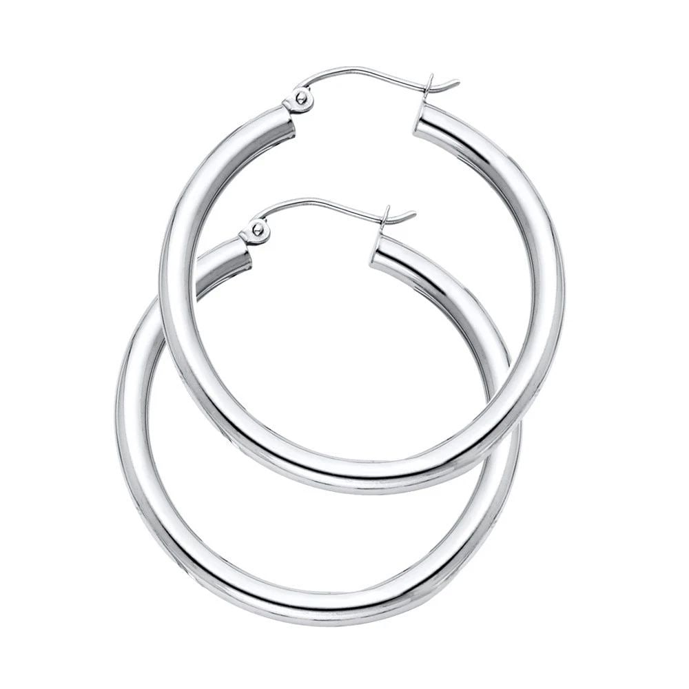 NEW 14K WHITE GOLD 3MM PLAIN HOOP EARRINGS: NEW 14K WHITE GOLD 3MM PLAIN HOOP EARRINGS 3MM PLAIN HOOP EARRINGS NEW 14K WHITE GOLD Height : 30 mm Width : 30 mm Weight : 2.1g