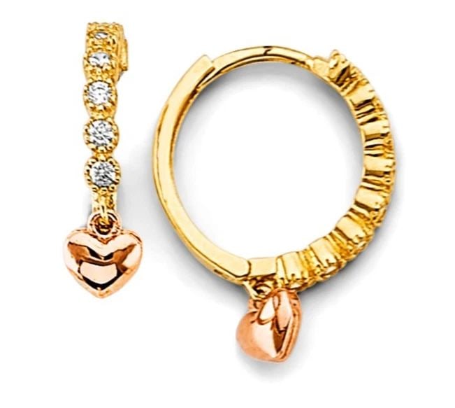 NEW 14K TWO TONE GOLD HEART CHARM HUGGIES EARRINGS: NEW 14K TWO TONE GOLD HEART CHARM HUGGIES EARRINGS HEART CHARM HUGGIES EARRINGS NEW 14K TWO TONE GOLD Height : 15 mm Width : 15 mm Weight : 2.1g