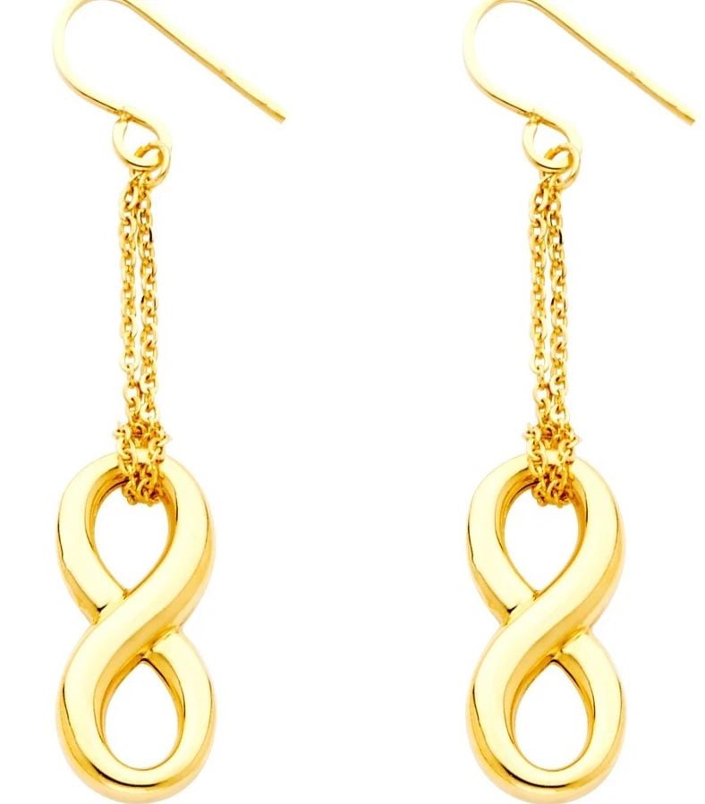 NEW 14K YELLOW GOLD HOLLOW INFINITY HANGING EARRINGS: NEW 14K YELLOW GOLD HOLLOW INFINITY HANGING EARRINGS HOLLOW INFINITY HANGING EARRINGS NEW 14K YELLOW GOLD HEIGHT - 35 mm WIDTH - 8 mm Apx WEIGHT - 2.1 g