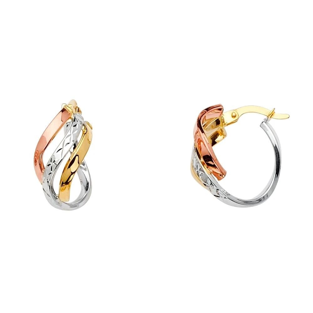 NEW 14K TRI COLOR GOLD 3 LINE TWISTED HOOP EARRINGS (1 of 2)