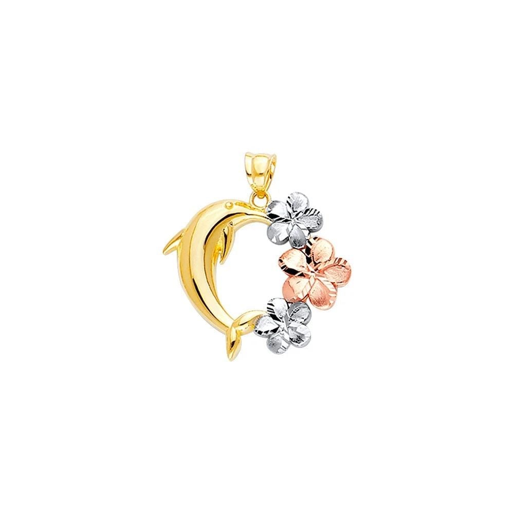 NEW 14K TRI COLOR GOLD DOLPHIN PENDANT WITH HAWAIIAN FLOWER (1 of 2)