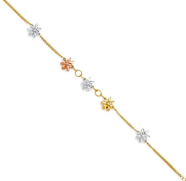 NEW 14K TRI COLOR GOLD STAR FLOWER STAMP DC BRACELET: NEW 14K TRI COLOR GOLD STAMP DC BRACELET STAMP DC BRACELET NEW 14K TRI COLOR GOLD LENGTH - 7+1in Apx WEIGHT - 2.7g