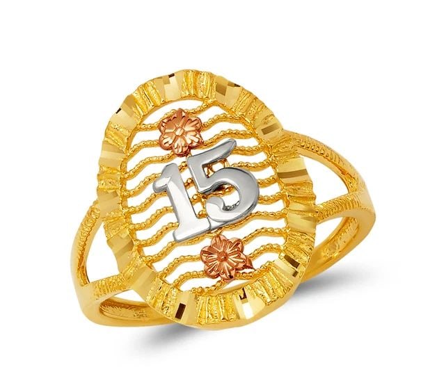 NEW 14K TRICOLOR GOLD LADIES 15 ANOS FILIGREE RING: NEW 14K TRICOLOR GOLD LADIES 15 ANOS FILIGREE RING LADIES 15 ANOS FILIGREE RING NEW 14K TRICOLOR GOLD SIZE Apx: 17mm Apx. WEIGHT: 2.7g