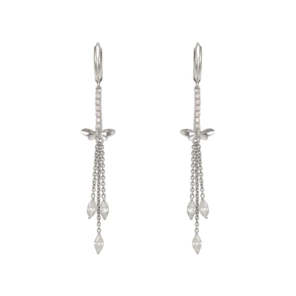 NEW 14K WHITE GOLD FANCY DRAGONFLY DANGLING EARRINGS: NEW 14K WHITE GOLD FANCY DRAGONFLY DANGLING EARRINGS FANCY DRAGONFLY DANGLING EARRINGS NEW 14K WHITE GOLD Width: Approx. 12x58mm Apx WEIGHT: 2.7g