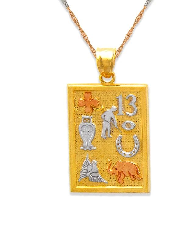 NEW 14K TRICOLOR GOLD GOODLUCK PENDANT: NEW 14K TRICOLOR GOLD GOODLUCK PENDANT GOODLUCK PENDANT NEW 14K TRICOLOR GOLD Apx. WIDTH: 15x21mm Apx WEIGHT: 2.7g