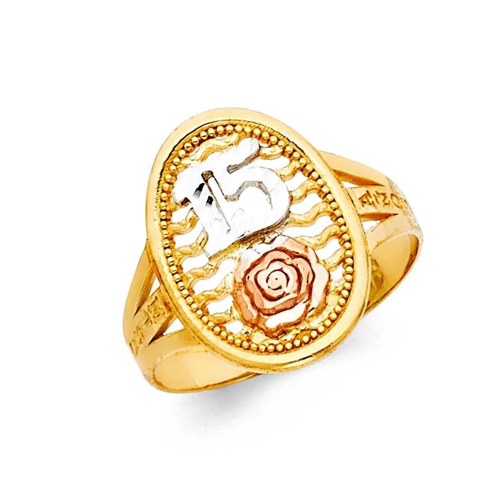 NEW 14K TRI COLOR GOLD 15 YEARS RING: NEW 14K TRI COLOR GOLD 15 YEARS RING 15 YEARS RING NEW 14K TRI COLOR GOLD WIDTH: 17 mm Average Apx. WEIGHT: 2.7g