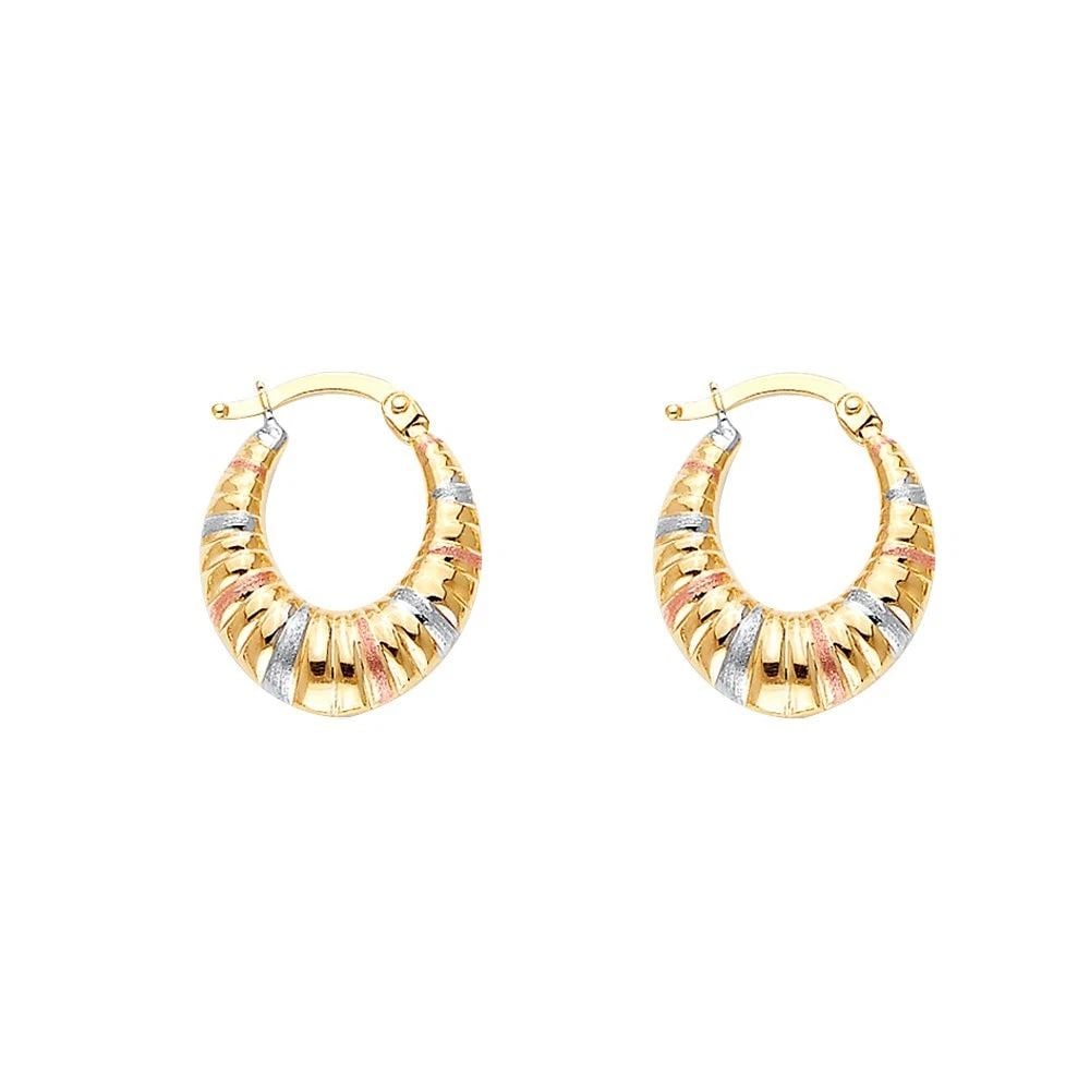 NEW 14K TRI COLOR GOLD DOUBLE FACE DESIGNED HOLLOW EARRINGS: NEW 14K TRI COLOR GOLD DOUBLE FACE DESIGNED HOLLOW EARRINGS DOUBLE FACE DESIGNED HOLLOW EARRINGS NEW 14K TRI COLOR GOLD HEIGHT - 20 mm WIDTH - 17 mm Apx WEIGHT - 2 g