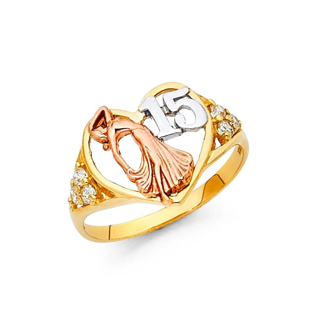 NEW 14K TRI COLOR GOLD 15 YEARS RING: NEW 14K TRI COLOR GOLD 15 YEARS RING 15 YEARS RING NEW 14K TRI COLOR GOLD WIDTH : 12 mm Average Apx WEIGHT : 2.7g