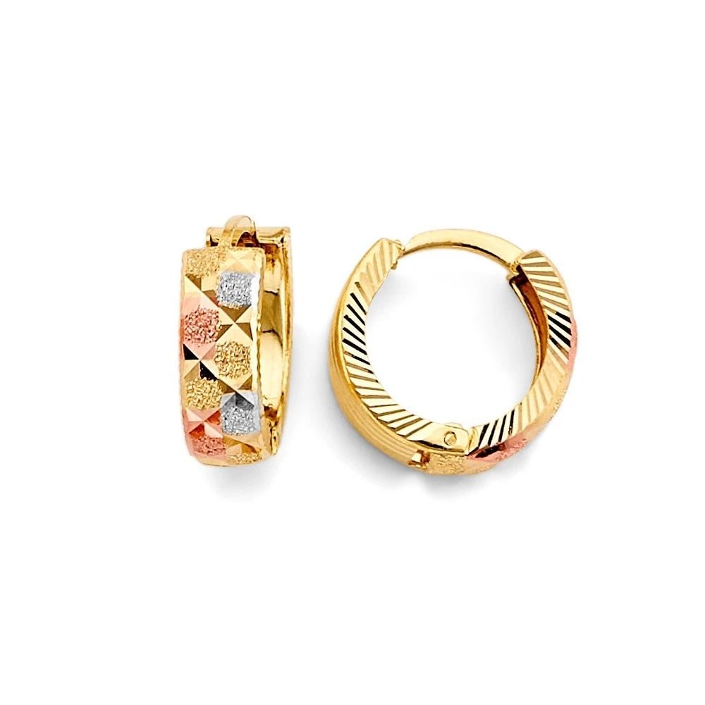 NEW 14K TRI COLOR GOLD DC HUGGIES EARRINGS: NEW 14K TRI COLOR GOLD DC HUGGIES EARRINGS DC HUGGIES EARRINGS NEW 14K TRI COLOR GOLD HEIGHT - 15 mm WIDTH - 15 mm Apx WEIGHT - 2 g