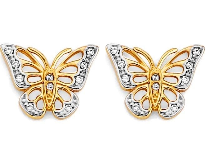 NEW 14K TWO TONE GOLD BUTTERFLY PUSH BACK EARRINGS (1 of 2)
