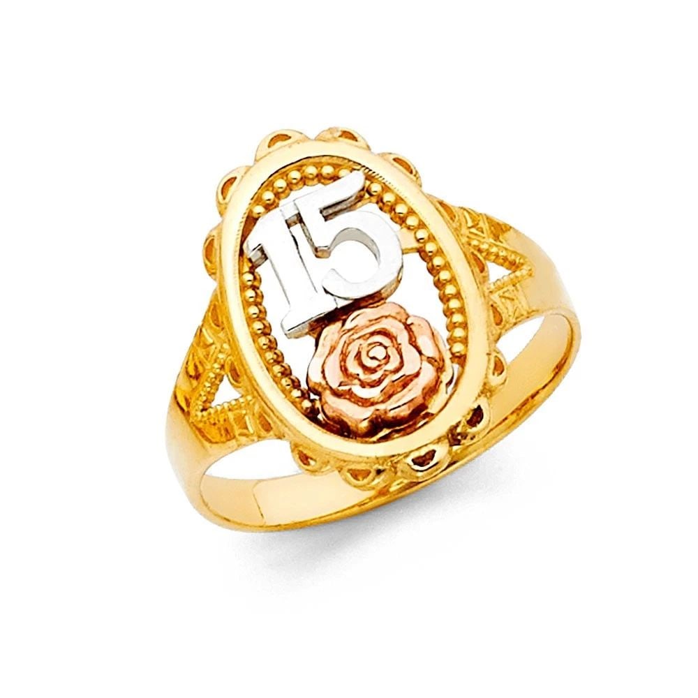 NEW 14K TRI COLOR GOLD 15 YEARS RING: NEW 14K TRI COLOR GOLD 15 YEARS RING 15 YEARS RING NEW 14K TRI COLOR GOLD WIDTH: 17 mm Average Apx. WEIGHT: 2.7g