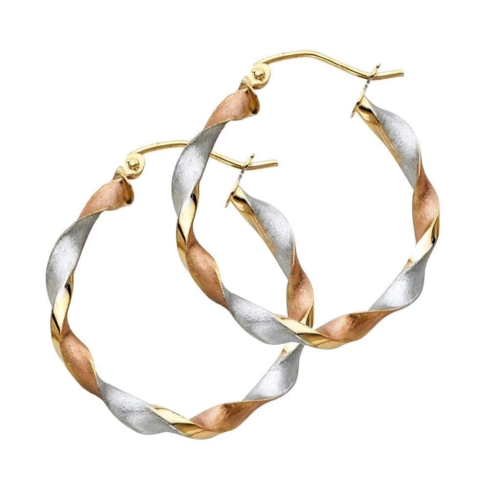NEW 14K TRI COLOR GOLD CURLED HOLLOW HOOP EARRINGS (1 of 2)