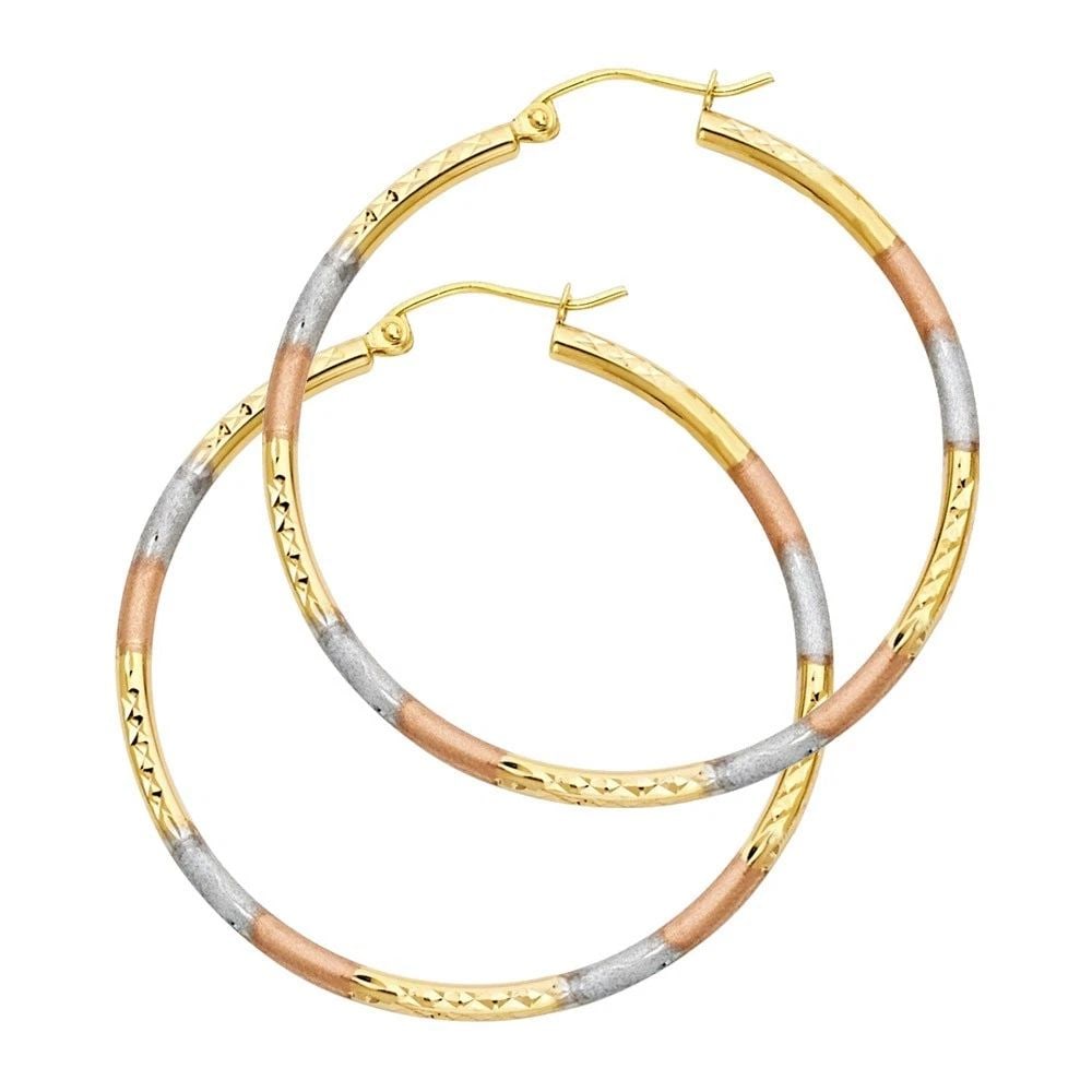 NEW 14K TRI COLOR GOLD 2MM ROUND TUBE DC ROUND HOOP EARRINGS (35MM) (1 of 2)